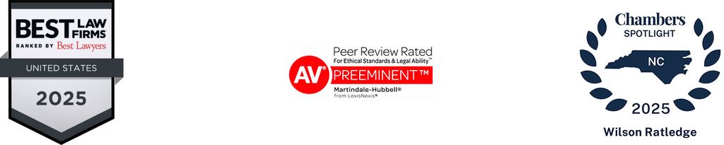 Wilson Ratledge honors: Best Law Firms, United States 2025, ranked by Best Lawyers; Martindale-Hubbell Peer Review Rated AV Preeminent; Chambers Spotlight North Carolina 2025.